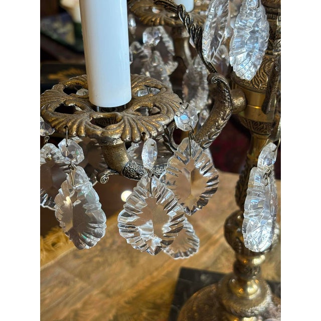 Brass 1940s Victorian Brass, Marble and Crystal 5-Arm Table Lamp For Sale - Image 8 of 11
