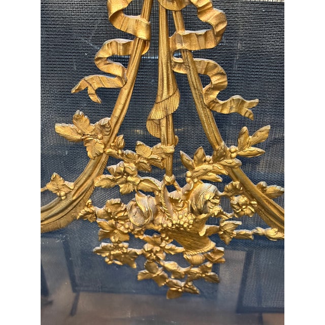 Late 19th Century French Louis XVI Brass Fireplace Screen W. Mesh Panel and Floral Details For Sale - Image 9 of 18