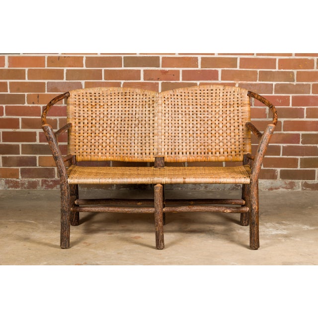 Mid 20th Century Vintage Old Hickory Hoop Settee with Woven Rattan Back and Seat For Sale - Image 5 of 12