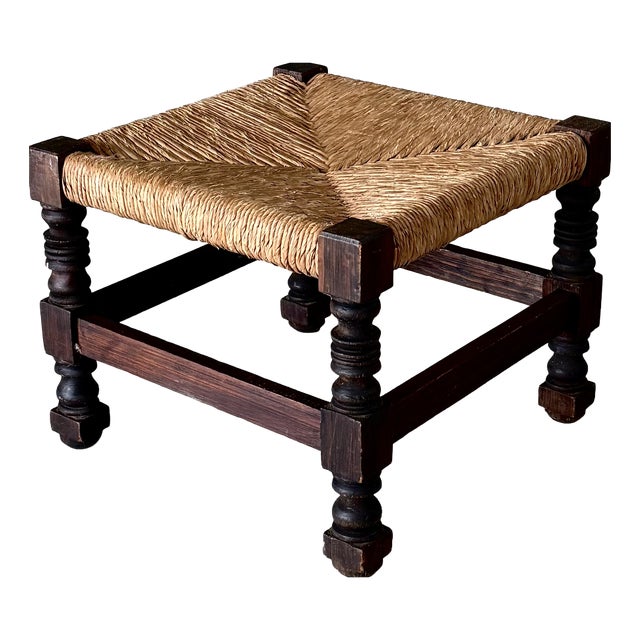French Country Oak and Rush Ottoman, France, 1940s For Sale