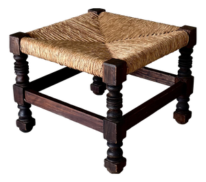 French Country Oak and Rush Ottoman, France, 1940s
