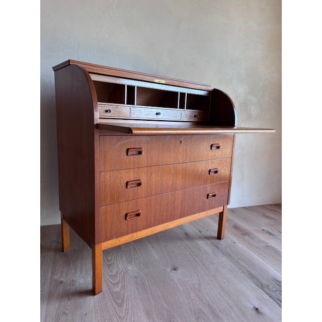 Wood Mid-Century Teak Rolltop Secretary Desk Signed Egon Ostergaard With Label Made in Sweden For Sale - Image 7 of 17