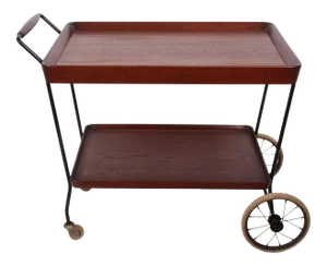 1950s Danish Modern Teak Two-Tier Handled Rolling Cart