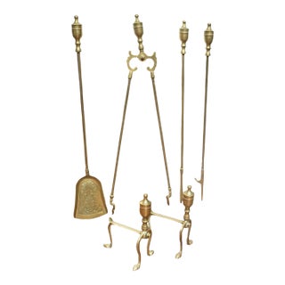 4 Antique Fireside Tools, English, Brass, Fireplace Companion Set, Victorian For Sale