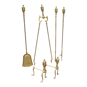 4 Antique Fireside Tools, English, Brass, Fireplace Companion Set, Victorian