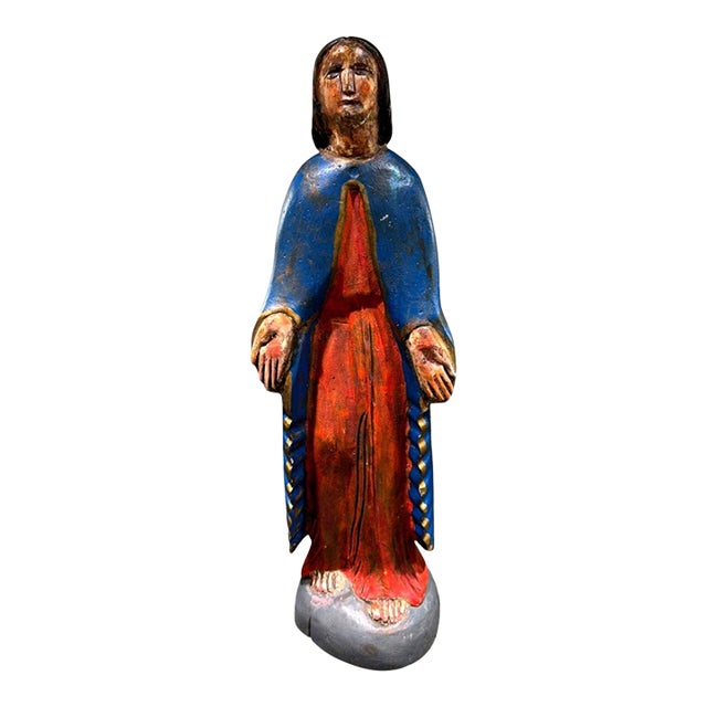 Vintage Hand Carved Wood Jesus Christ Statue Polychrome Folk Art 16.5" For Sale