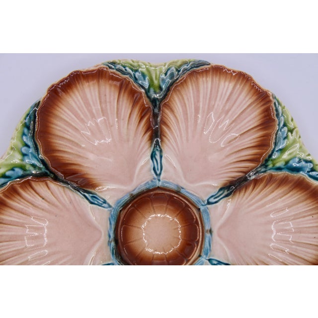 Peach 1940s French Art Deco Blue Green and Peach Ceramic Oyster Plate For Sale - Image 8 of 10