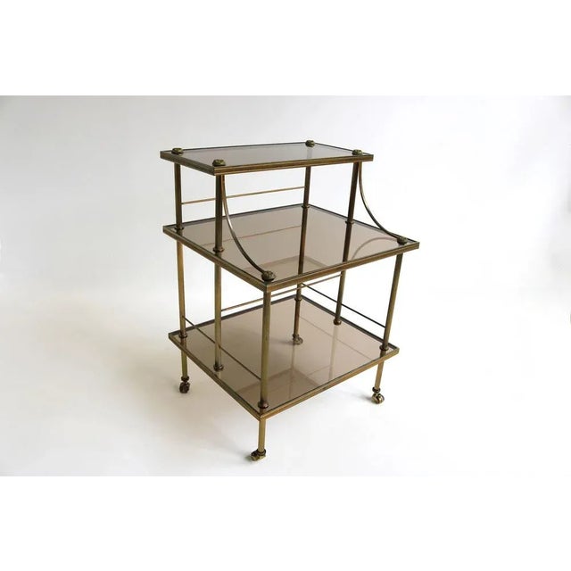 Mid-Century French Brass & Smoked Glass Three Tiered Drinks Trolley, 1970s For Sale - Image 11 of 11