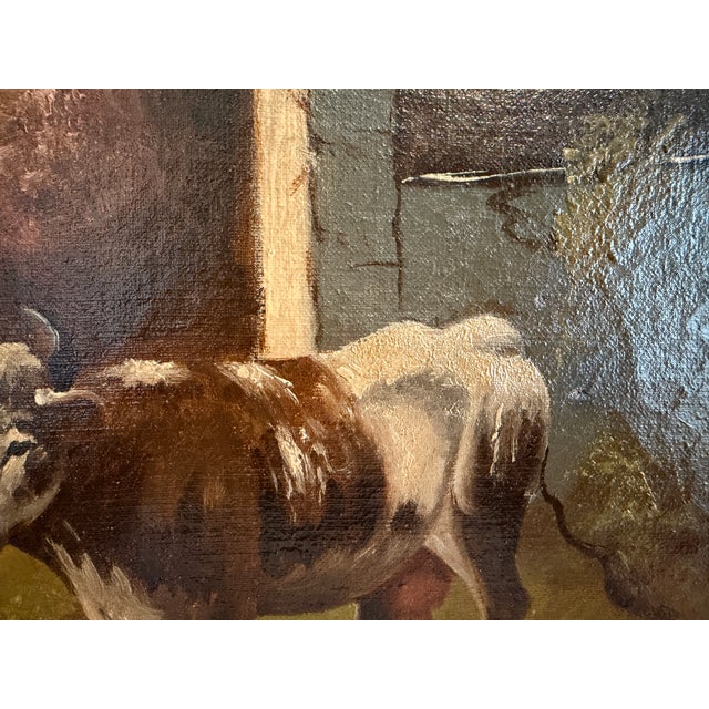 Antique Oil Painting on Canvas Cows Farm Landscape Pastoral Scene Signed Framed For Sale - Image 4 of 15
