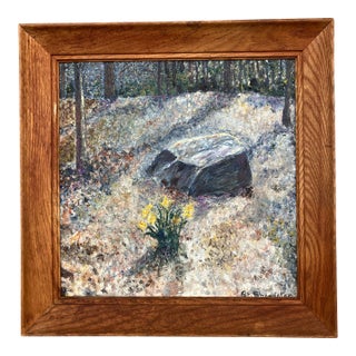 1970’s Original Naive Impressionist Landscape Painting by Pat Shoemaker Vintage Oak Frame For Sale