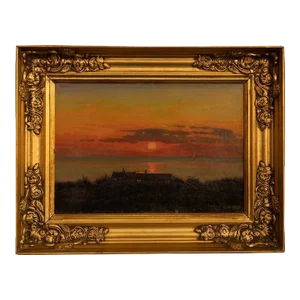 Original Oil on Canvas Painting of Coastal Sunset, Signed and Dated 1918 by Albert Wang