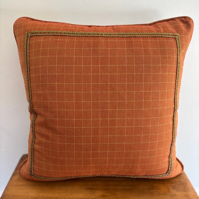 Late 20th Century Feather Down Rust Orange Pillow With Trim Detail For Sale - Image 5 of 7