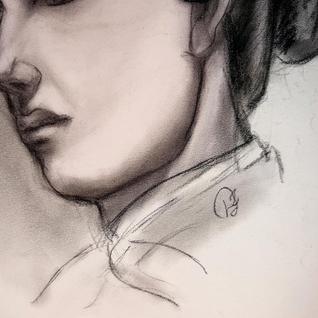 Paper Black and White Charcoal Portrait Drawing of a Woman With Swept-Up Hair - Signed For Sale - Image 7 of 10