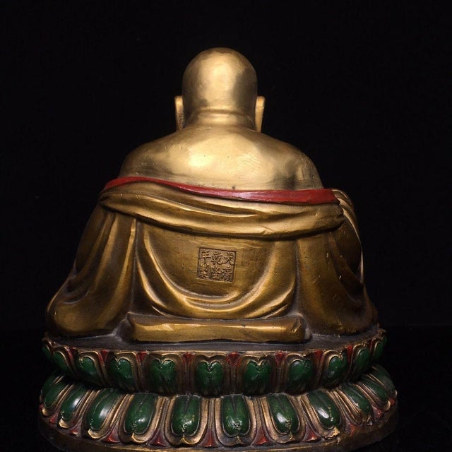 Traditional Vintage Gilt & Painted Brass Laughing Buddha Maitreya Statue on Double Lotus Base For Sale - Image 3 of 9