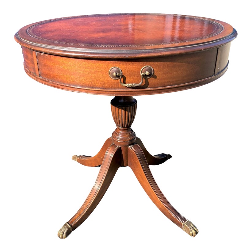 1940s Vintage Hekman RegencyStyle Mahogany Drum Table With Leather