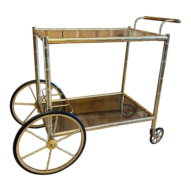 Mid Century Modern French Brass Faux Bamboo 2-Tier Bar Drink Cart Glass Shelves For Sale