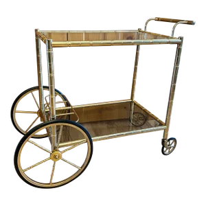 Mid Century Modern French Brass Faux Bamboo 2-Tier Bar Drink Cart Glass Shelves