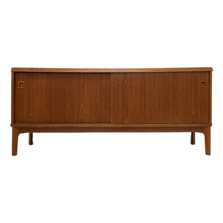 Vintage Danish Modern Teak Credenza Cabinet, Sliding Doors With Inset Pulls For Sale