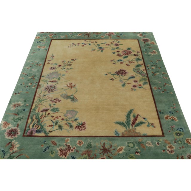 Art Deco Rug & Kilim Chinese Style Art Deco Rug in Teal Border, Gold Field & Floral Patterns - 8'x10' For Sale - Image 3 of 8