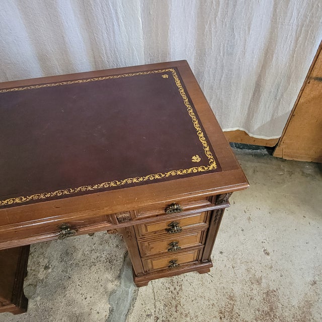 Brown Antique English Oak Leather Top Pedestal Desk With Acanthus Leaf Carvings For Sale - Image 8 of 11
