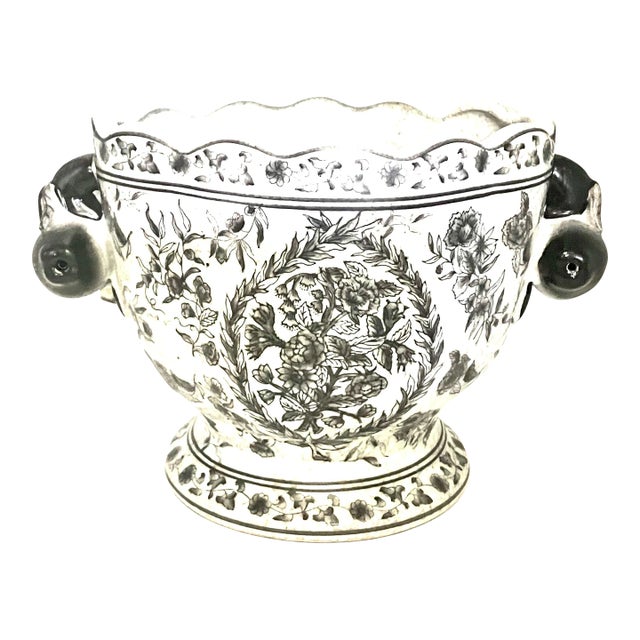 Vintage Jardinière, Planter, Chinoiserie, Black and White, 1980's For Sale