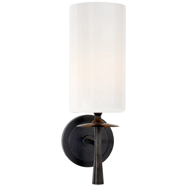 Drunmore Single Sconce in Bronze with White Glass Shade Designer: AERIN Height: 14.25" Extension: 6.75" Backplate: 4.5"...