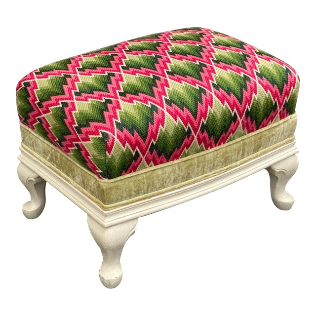 Vintage Custom Pink & Green Chevron Footstool or Ottoman For Sale