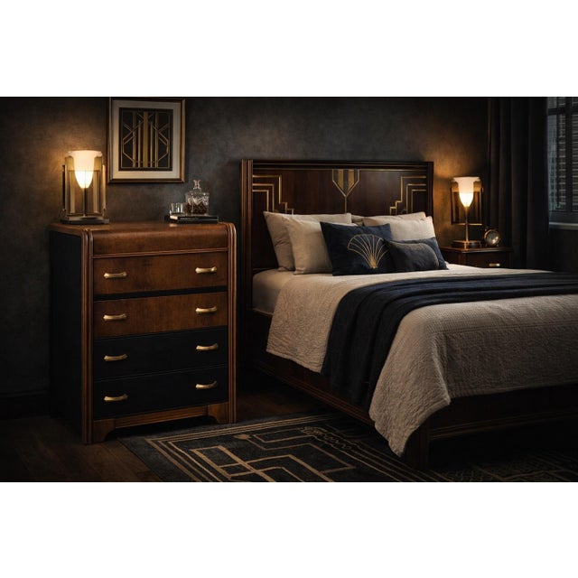 Wood Early 20th Century Art Deco Waterfall Designer Accent Chest in Satin Walnut With Two-Tone Black Panels and Original Deco Brass Pulls For Sale - Image 7 of 11