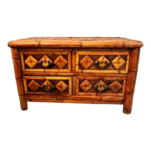 Vintage Four Drawer Coastal Bamboo Diamond Pattern Low Chest Coffee Table