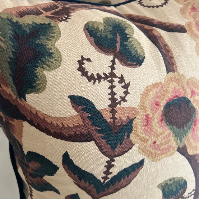 Custom Designed 22” Claremont Tree of Life Linen Pillows With Mohair Velvet Welt Down Inserts - A Pair For Sale In New York - Image 6 of 8