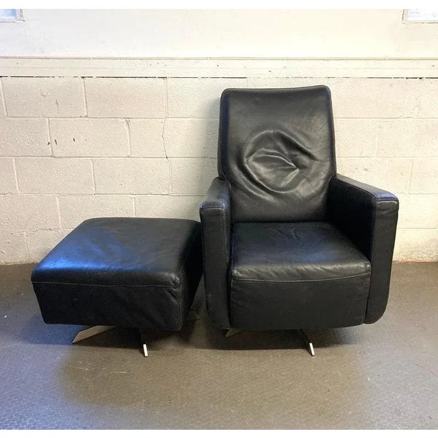 Black Vintage Mid Century Italian Leather Chair With Ottoman For Sale - Image 8 of 10
