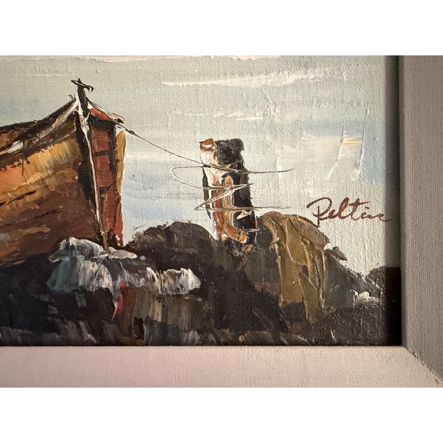 A charming original oil painting, circa 1960s, depicting a quiet coastal harbor scene. A lone figure stands on a weathered...