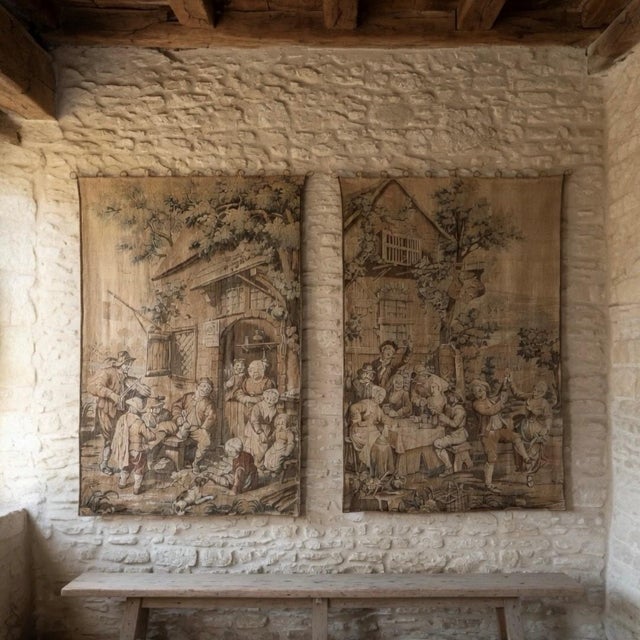 Pair Antique Tapestries after David Teniers the Younger are designed to display side by side to create a continuous scene....