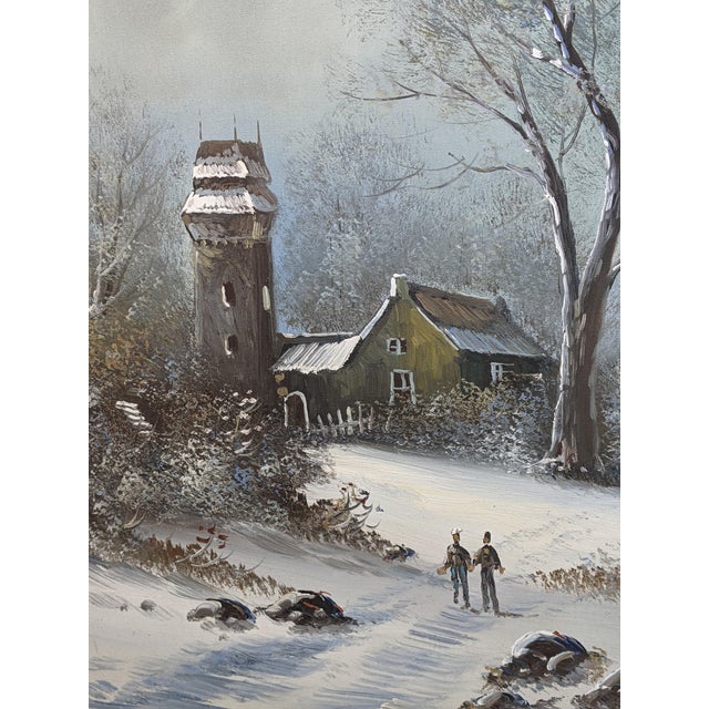 Mid 20th Century Large Signed H. Wood Original Oil Painting of European Winter Village Landscape – Framed For Sale In New York - Image 6 of 16
