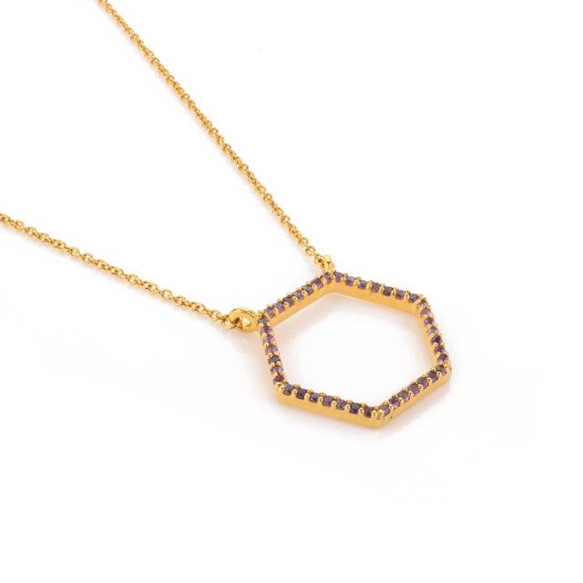 Geomatric Hexagon Shape Amethyst Pendant Chain Necklace in 14k Solid Gold For Sale