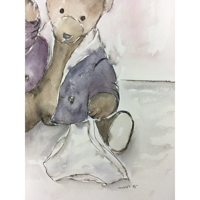 Purple-toned watercolor painting of a teddy bear wearing a jacket by Ursula Schroer. Signed lower right, 1995. Original...