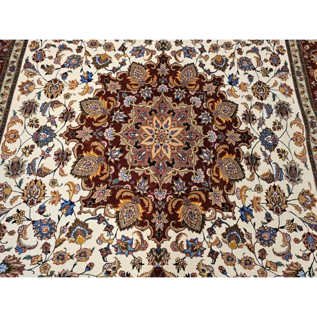 Fine Persian Tabriz Shirfar Rug, Hand-Knotted Wool & Silk, Floral Pattern, Ivory & Chocolate, 7x10 For Sale - Image 18 of 18