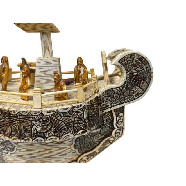 Vintage Asian Cream Bone Inset Treasure Ship Display Art Figure For Sale - Image 9 of 16