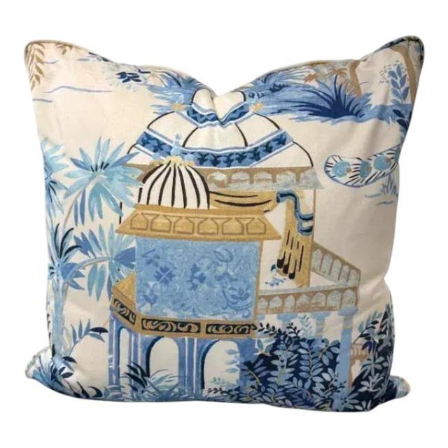 Chinoiserie Pair of 22'' Thibaut Chinoiserie-Inspired Blue & Gold Scenic Throw Pillows For Sale - Image 3 of 6