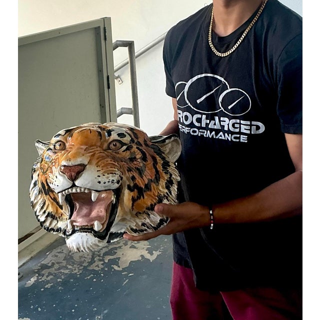 Vintage Boho Glazed Ceramic Wall Tiger For Sale - Image 11 of 11