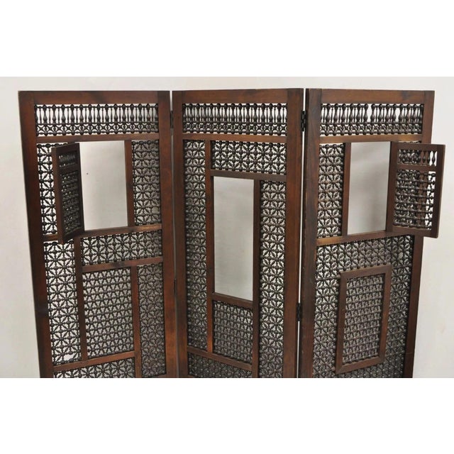 Mediterranean Vintage Middle Eastern 3 Panel Mashrabiya Lattice Folding Screen Room Divider For Sale - Image 3 of 14