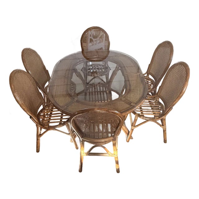 Vintage Bamboo and Rattan Dining Set-6 Chairs For Sale