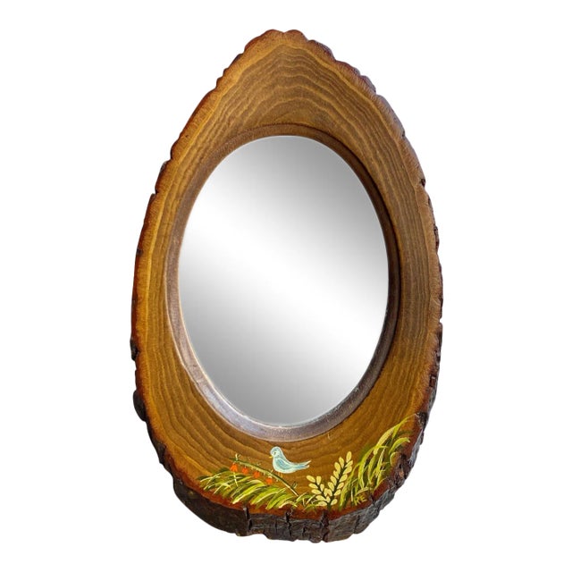 Vintage Farmhouse Walnut Live Edge Slab Hanging Wall Mirror W/ Bird Motif For Sale
