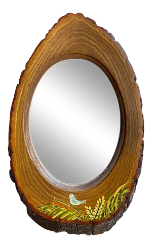Vintage Farmhouse Walnut Live Edge Slab Hanging Wall Mirror W/ Bird Motif