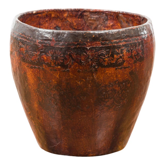 Thai Vintage Brown and Black Papier Mâché Basket with Floral Friezes For Sale