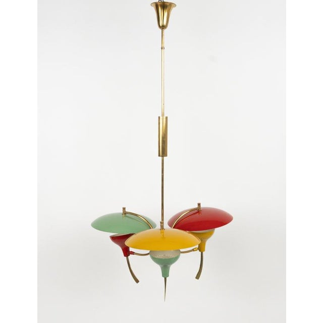 Metal Mid-Century Chandelier in Enamel Metal and Brass in the style of Stilnovo, Italy, 1950s For Sale - Image 7 of 17