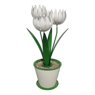 Vintage White Tole Tulip Flower Arrangement in Painted Pot For Sale