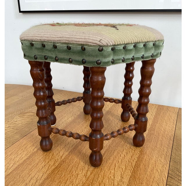 Mid 20th Century Vintage Mid-Century Oak Footstool With Geometric Needlepoint Tapestry For Sale - Image 5 of 8