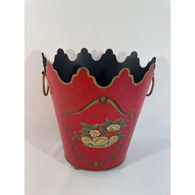 A stunning 10.5" tall French Tole Monteith Cachepot from the early 1900s. This vibrant red cachepot features a textured...
