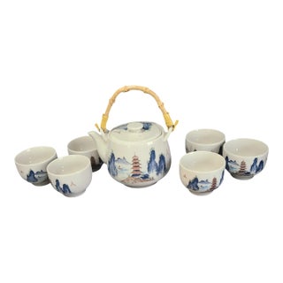 Vintage Japanese Tea Set Pot & 6 Cups Painted Scenic Bamboo Handle, Marked For Sale